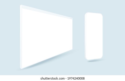 Blank Browser Window. Desktop Computer Frame And Smartphone Vector Clay Mockup. Minimal Template For Web Design Presentation.