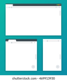 Blank Browser Windows For Devices Of Computer, Tablet, And Phone. Templates For Adaptive Responsive Web Design. Vector Illustration