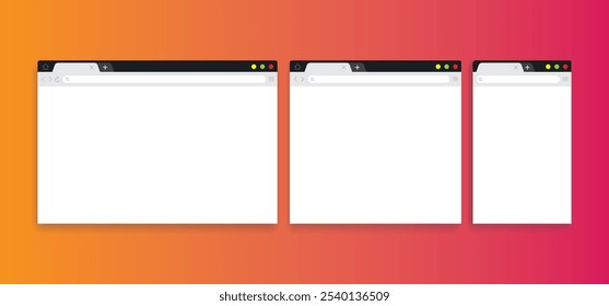Janelas do navegador em branco. Modelos do navegador. Tamanhos de computador, tablet e telefone. com uma guia ativa ou sem estilo de resposta 