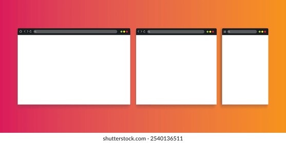 Blank browser windows. Browser mockups. Computer, tablet, phone sizes. with one tab active or no tab responsive style 