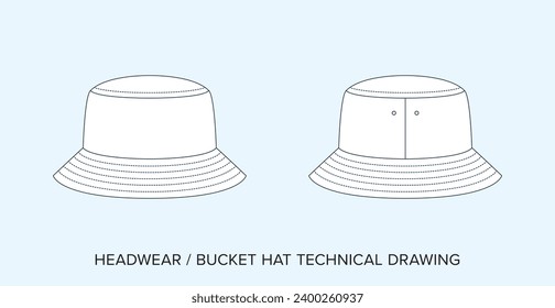 Blank Bucket Hat Technical Drawing, Headwear Blueprint for Fashion Designers. Detailed Editable Vector Illustration, Black and White Accessories Schematics, Isolated Background