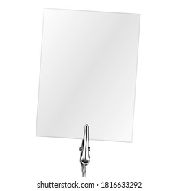 Blank business card on a metal memo holder clip. Card on wire silver clamp with place for you text over white background. Office supplies. Vector illustration.
