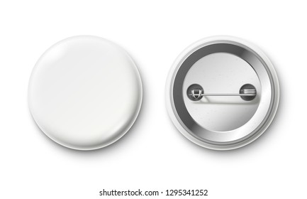 Blank Button Badge. White Pinback Badges, Pin Button And Pinned Back. Round Metal Buttons Or Glossy Circle Plastic 3D Pin. Realistic Isolated Vector Mockup