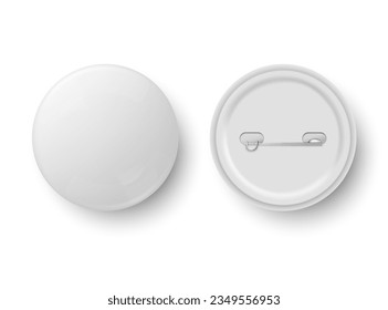 Insignia de botón en blanco. Insignias de pinback blancas, botón de alfiler y pinchado hacia atrás.