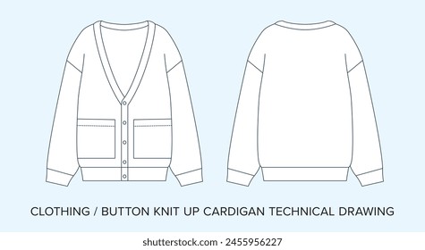 Blank Button Knit Up Cardigan Technical Drawing, Apparel Blueprint for Fashion Designers. Detailed Editable Vector Illustration, Black and White Clothing Schematics, Isolated Background