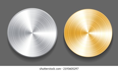 Blank button template with metallic texture, and realistic shadow and light background for logo. Metal gradient template. Gold, silver round surface, vector illustration.