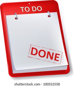Blank calendar or to do sheet with Done stamp. Isolated.