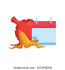 blank calendar with fart bag and banana peel icon over white background, vector illustration