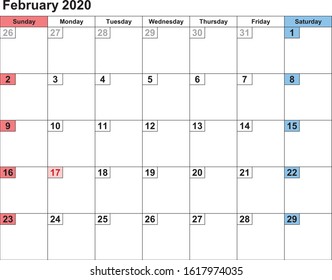 Blank calendar grid month February 2020 task scheduler workspace. Vector image