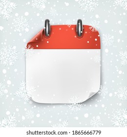 Blank calendar icon template on winter backgound with snow and snowflakes. Vector illustration.