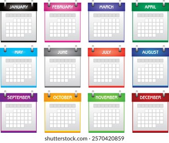 Blank Calendar icons set isolated on white background, Calendar set. Monthly calendar icons Set different color and copy space, isolated on white background. Eps file available. Calendar vector icon.