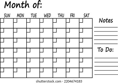 Blank Calendar Page on white background. Minimal Monthly Calendar. flat style.