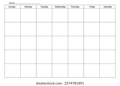 Blank calendar page. Simple monthly planner. Grid layout schedule. Vector illustration.