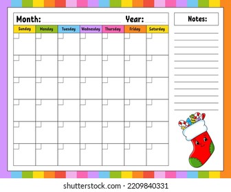 Plantilla de calendario en blanco para un mes sin fechas. Diseño colorido con un personaje adorable. Ilustración vectorial.