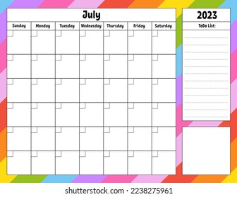 Plantilla de calendario en blanco para un mes sin fechas. Diseño colorido con un personaje adorable. Ilustración vectorial.