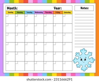 Blank calendar template for one month without dates. Colorful design with a cute character. Vector illustration.