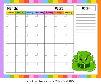 Blank calendar template for one month without dates. Colorful design with a cute character. Vector illustration.