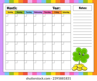 Blank calendar template for one month without dates. Colorful design with a cute character. Vector illustration.