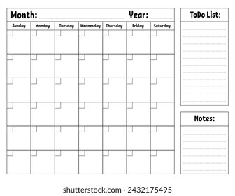 Blank calendar template for one month without dates. Colorful design with a cute character. Vector illustration.