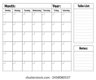 Plantilla de calendario en blanco para un mes sin fechas. Diseño colorido con un carácter lindo. Ilustración vectorial.