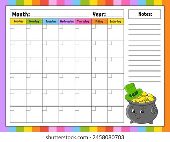Plantilla de calendario en blanco para un mes sin fechas. Diseño colorido con un carácter lindo. Ilustración vectorial.