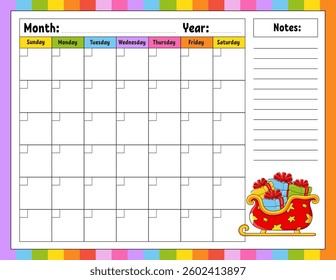 Blank calendar template for one month without dates. Colorful design with a cute character. Vector illustration.