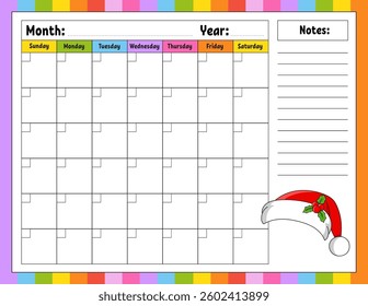 Blank calendar template for one month without dates. Colorful design with a cute character. Vector illustration.
