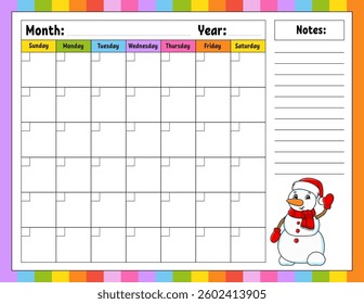 Blank calendar template for one month without dates. Colorful design with a cute character. Vector illustration.