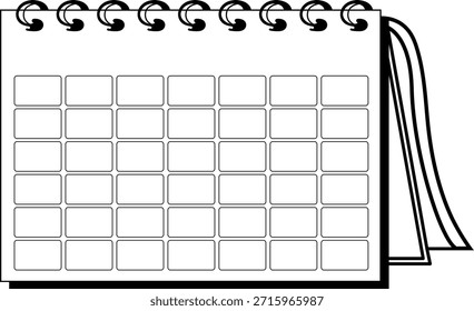 Plantilla de calendario en blanco para programar actividades. Planificador de meses vacío con enlace de anillo para eventos, citas y tareas diarias. Organizador para la planificación personal y profesional en hoja blanca.