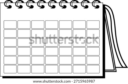 Blank calendar template for scheduling activities. Empty month planner with ring binding for events, appointments, and daily tasks. Organizer for personal and professional planning on white sheet.