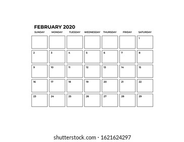 Blank calender february 2020. Vector background template