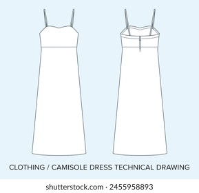 Blank Camisole Dress Technical Drawing, Apparel Blueprint for Fashion Designers. Detailed Editable Vector Illustration, Black and White Women's Clothing Schematics, Isolated Background 