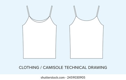 Blank Camisole Technical Drawing, Apparel Blueprint for Fashion Designers. Detailed Editable Vector Illustration, Black and White Womens Clothing Schematics, Isolated Background