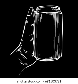 Blank Can in hand. Sketch beverage can in ink hand drawn style. isolated on black. Beer can.