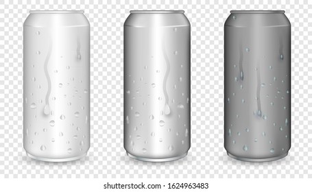 Blank  can mock up with condensation droplets. Metallic cans for beer, soda, lemonade, juice, energy drink.