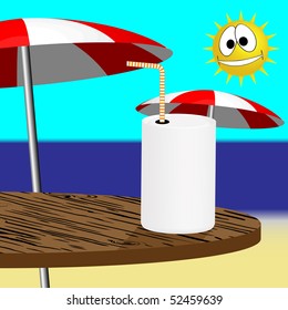 Blank can on the table, on the beach