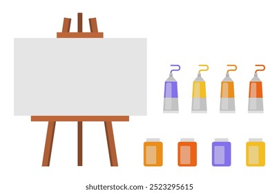 A blank canvas awaits creativity with vibrant paint tubes neatly arranged on a wooden easel in a bright, inviting studio