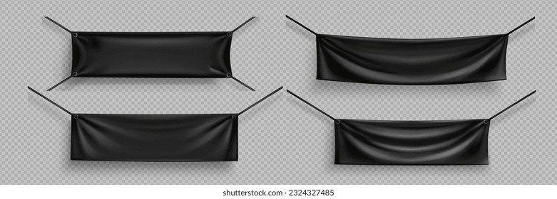 Banners de tela en blanco se burlan. Banderas horizontales de tela, papel textil colgado en cuerdas. Carteles de tela negra vacíos con pliegues aislados en fondo transparente, conjunto de vector realista