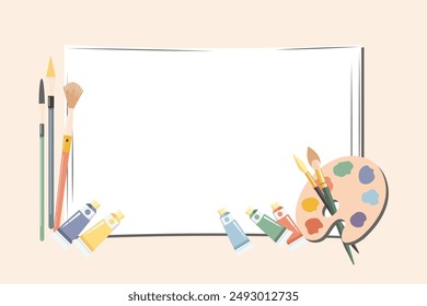 Blank canvas, oil paint in tubes, brushes, painting tools. Art supplies, accessories for creativity and hobbies. Poster, illustration