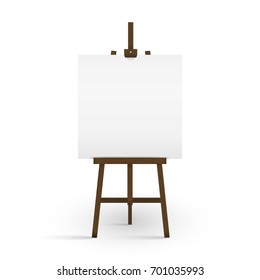 Blank canvas on a artist' easel. Blank art board and wooden easel isolated on white background. Vector illustration. Eps 10.