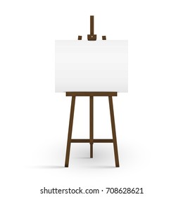 Blank canvas on a artist' easel. Blank art board and wooden easel isolated on white background. Vector illustration. Eps 10.