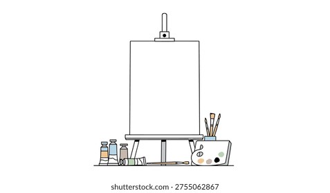 A blank canvas on an easel with art supplies