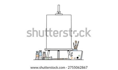 A blank canvas on an easel with art supplies