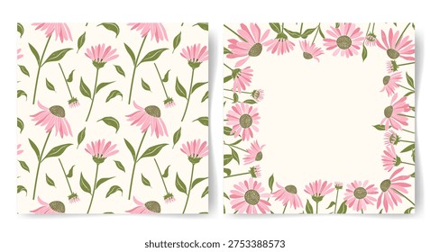 Blank card with coneflower and seamless pattern with echinacea bloom. Delicate floral background for greeting card, invitation.