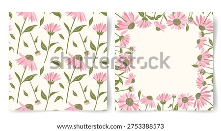 Blank card with coneflower and seamless pattern with echinacea bloom. Delicate floral background for greeting card, invitation.
