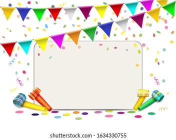 Blank card with confetti, blows and pennant garland,
Card for birthday, carnival and more.
Vector illustration isolated on white background
