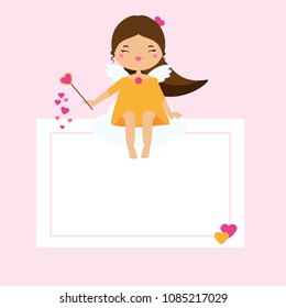 Blank card with Cute Cupid girl fairy. Design template for romantic, love, wedding, St Valentines day design, invitations