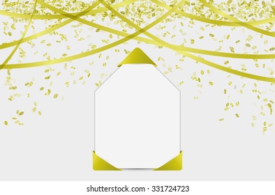 blank card with falling confetti and ribbons