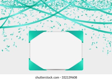 blank card with falling confetti and ribbons