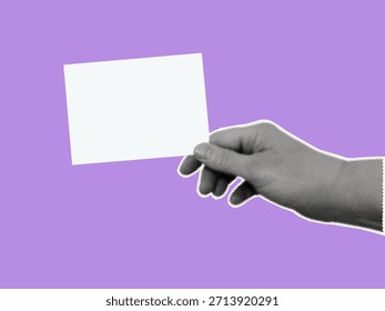 Tarjeta en blanco en la mano. Plantilla para mostrar un anuncio, mensaje o anuncio. La mano de una mujer sostiene una nota en blanco. Arte de collage moderno en estilo semitono. Ilustración vectorial.